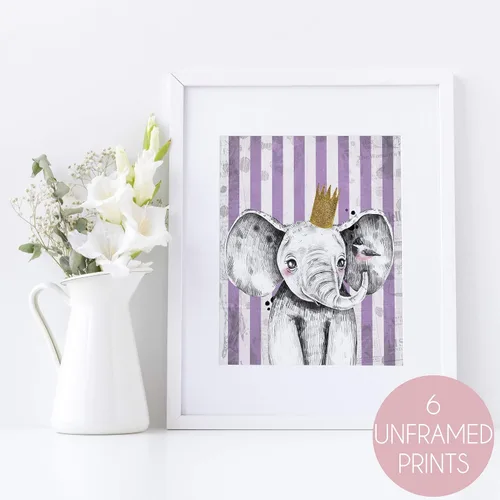 Miniatura 2 de Ritzy Rose Arte de animales de circo morado para niños, impresiones caprichosas para pared, 6 pósteres infantiles para habitación del bebé
