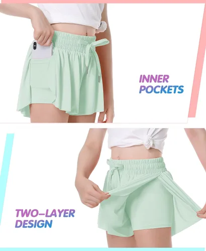 Miniatura 2 de QooNoo Girls Butterfly Shorts with Pocket Flowy Athletic Shorts High Waist Preppy Running Shorts for Kids Teen
