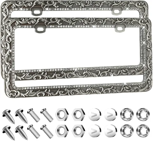 Miniatura 2 de Valor Marcos de metal de gel para placa de automóvil, estampado antiguo antiguo, diamantes de imitación de cristal incrustados, soporte universal