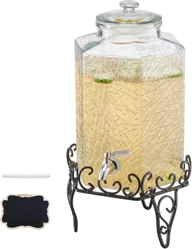 VEVOR Dispensador de bebidas, dispensador de bebidas de 2.5 galones para fiestas, dispensador de jugo de vidrio con soporte de metal, grifo de acero