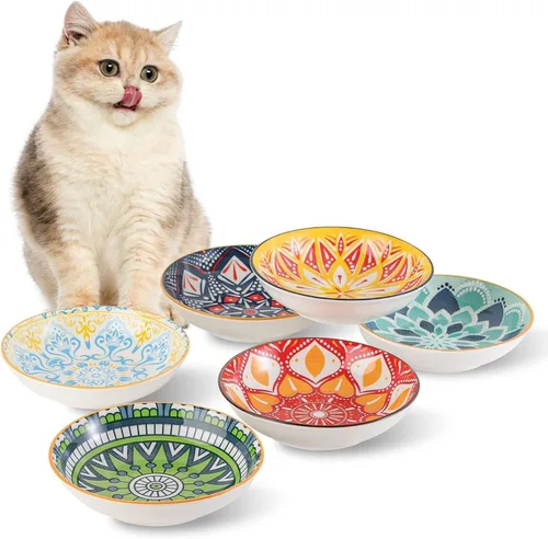 Juego de cuencos de cerámica para gatos de 6 - Lindos cuencos poco profundos y coloridos - 14.6 cm, aptos para bigotes y anchos - Aptos para