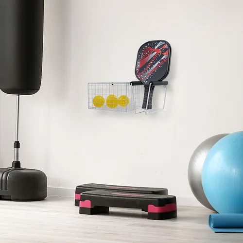 Miniatura 3 de MyGift 16 Inch Wall Mounted Metal Pickleball Paddle Rack and Storage, Hanging Equipment Organizer with Racket Holder and Basket for Balls