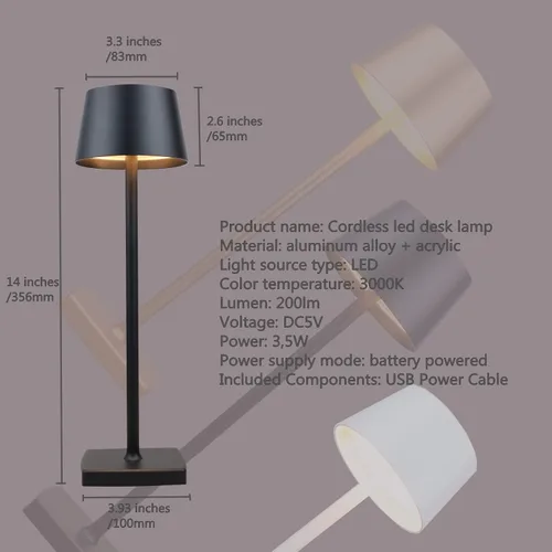 Miniatura 5 de Lámpara de escritorio inalámbrica led recargable, aluminio, regulable, adecuada para iluminación interior y exterior (negro)