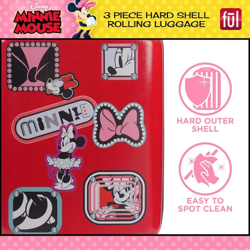 Miniatura 5 de FUL Disney Minnie Mouse Patchwork - Juego de equipaje con ruedas de 3 piezas, maleta rígida con ruedas, 21, 25 y 29 pulgadas, color rojo, Rojo