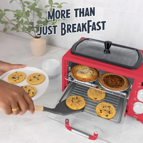 Miniatura 7 de Nostalgia Estación de desayuno retro 3 en 1, incluye cafetera de 5 tazas, plancha de cerámica antiadherente y horno tostador de 4 rebanadas, Rojo