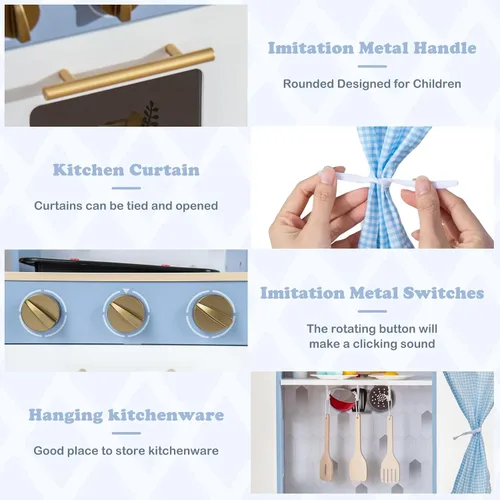 Miniatura 5 de INFANS Juego de cocina para niños, juego de cocina de madera con estufa, fregadero, microondas, armario de almacenamiento, juego de juguetes