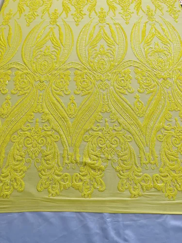 Miniatura 3 de Telón de fondo King INC Empire Damask Design con lentejuelas bordadas en una tela de malla elástica de 4 vías (amarillo brillante)
