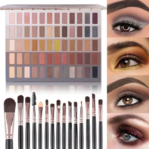 UCANBE Paleta de sombra de ojos desnudos de 60 colores + juego de brochas de maquillaje, todo en uno, paleta de maquillaje ahumado neutro con