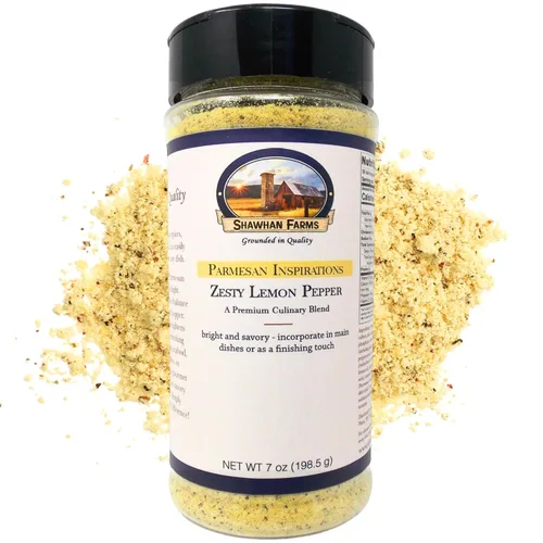 Shawhan Farms Condimento picante de limón y parmesano, adorno de queso parm real, mezcla de tres pimientas, lote pequeño de EE. UU., coctelera de 7