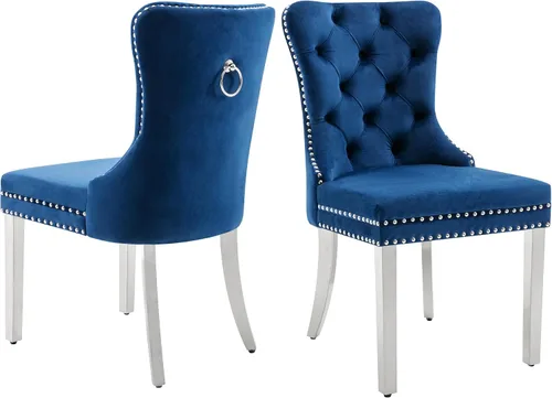 Miniatura 34 de Juego de 2 Sillas de Comedor, Sillas de Terciopelo Acolchado con Patas Modernas de Acero Inoxidable, Ribete de Remaches con Anilla Metálica