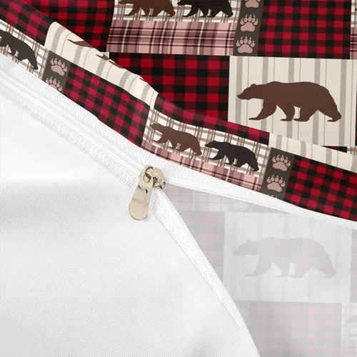 Miniatura 6 de Manfei Juego de funda de edredón de oso rústico, tamaño individual, funda de edredón de retazos a cuadros rojos con 1 funda de almohada, juego