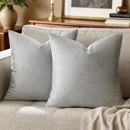GIGIZAZA - Fundas de almohada decorativas de terciopelo gris plateado de 18 x 18 pulgadas para sofá cama, paquete de 2 fundas de cojín suaves Gris