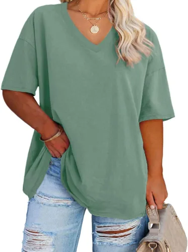 Camisetas de Mujer Talla Grande Cuello en V Camisetas de Verano Media Manga Camisetas Casuales Ajuste Holgado de Algodón Tops Túnica