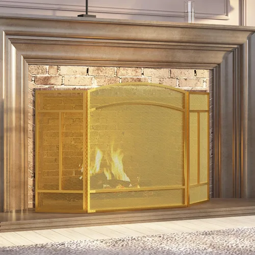 Miniatura 3 de Pantalla para chimenea Fire Beauty de 3 paneles, hierro forjado, 122 cm (L) x 74 cm (H), cubierta protectora contra chispas (Dorado Pulverulento)