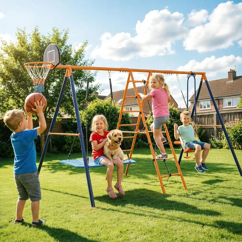 Miniatura 6 de SUPER DEAL Juego de columpios para exteriores para niños, juego de metal con columpios ajustables, escalera de escalada y redes, columpio