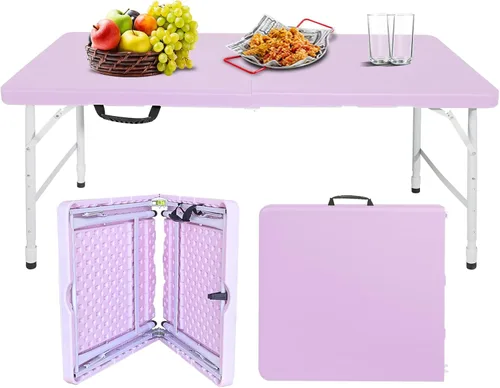Miniatura 16 de Mesa plegable portátil de plástico de 4 pies/6 pies/8 pies, mesa de picnic y comedor de alta resistencia, color blanco y negro, plegable a la mitad