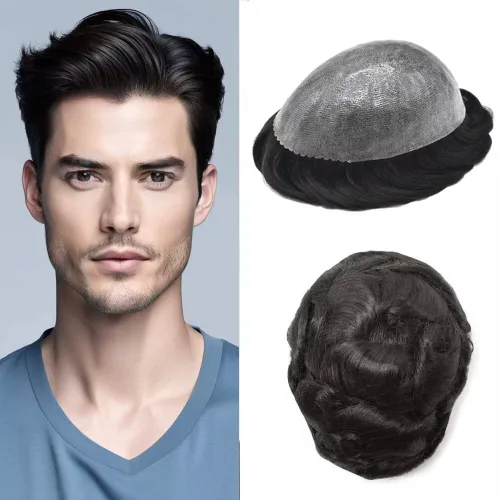 Miniatura 99 de Peluca completa de poliuretano para hombre, sistemas de reemplazo de cabello humano, piel fina y duradera, para hombre, prótesis de cabello