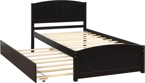 Miniatura 3 de Merax Cama de plataforma de madera tamaño individual, marco de cama con cama nido, no requiere somier, color espresso