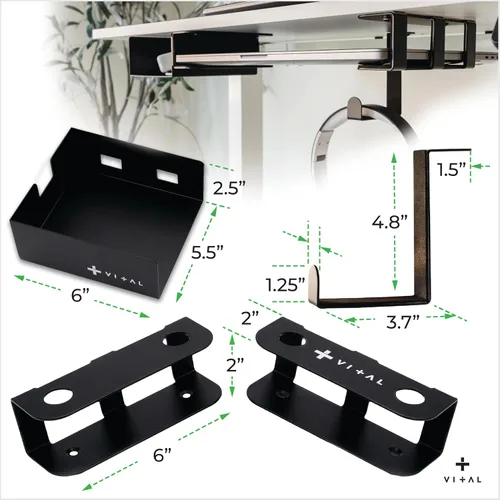Miniatura 7 de VI+AL Soporte para laptop debajo del escritorio - Estante oculto de metal con almacenamiento lateral, gancho y organizador de cables - Se instala