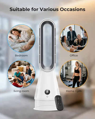 Miniatura 8 de Ventilador de calentador y enfriador 2 en 1 sin aspas, calentadores de espacio silencioso de 1600 W y ventiladores de torre de 8 velocidades