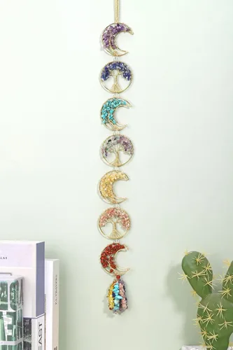 Miniatura 3 de Top Plaza Decoración de piedras de chakras de árbol de la vida, piedras preciosas de cristales curativos crudos, 7 chakras, adorno colgante de luna