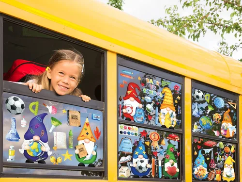 Miniatura 5 de Whaline 9 hojas de calcomanías para ventana de regreso a la escuela, gnomo lápiz libro globo mochila escolar, calcomanías para ventana
