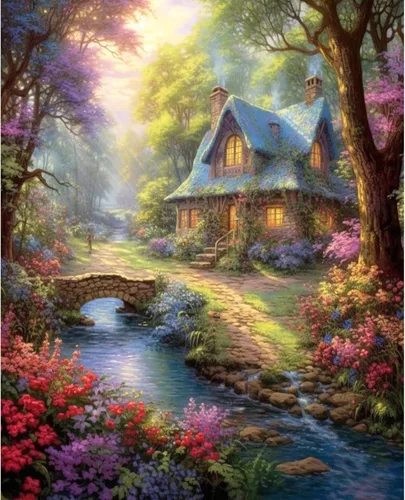 Tucocoo Kit de pintura de flores para casa por números con pinceles y pigmento acrílico sobre lienzo para adultos, paisajes de bosques arroyos,