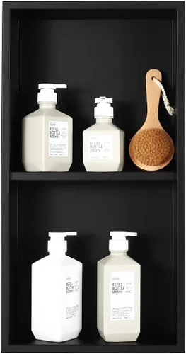 Miniatura 8 de Nicho de ducha empotrado de 24 x 12 pulgadas con estantes dobles, inserto de pared de acero inoxidable negro mate, no necesita azulejos
