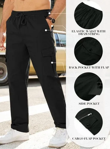Miniatura 6 de JMIERR Pantalones cargo casuales para hombre, ajuste relajado, ligeros, elásticos, cintura elástica, con cordón, pantalones tácticos con múltiples