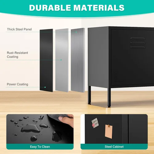 Miniatura 8 de SISESOL Armario de almacenamiento de metal negro con puertas y estantes, armario de almacenamiento de metal ancho de 2 puertas con patas y orificio