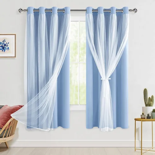 Miniatura 101 de Hiasan Cortinas opacas con superposición transparente, aislamiento térmico para mezclar y combinar de doble capa, cortinas de oscurecimiento de Beige