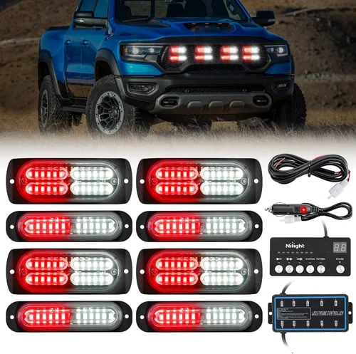 Miniatura 29 de Nilight 8 piezas de luces estroboscópicas LED 12 LED ámbar blancas, luz de emergencia 12 V 24 V, luz de advertencia de peligro con función