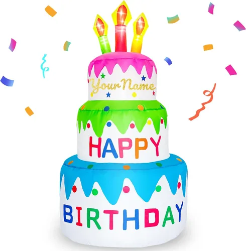 Miniatura 10 de Pastel inflable de cumpleaños de 4 pies de alto, regalo de cumpleaños novedoso, pastel de cumpleaños inflable con velas iluminadas, 6 luces LED