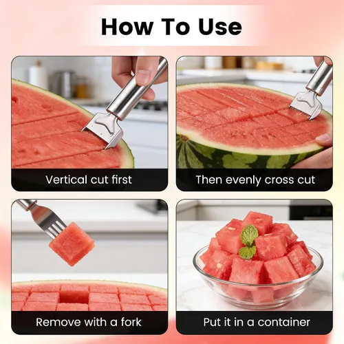 Miniatura 5 de Cortador de frutas de acero inoxidable 2 en 1, herramienta de corte de tenedor de sandía 2026, cuchillo cortador de sandía de doble cabezal