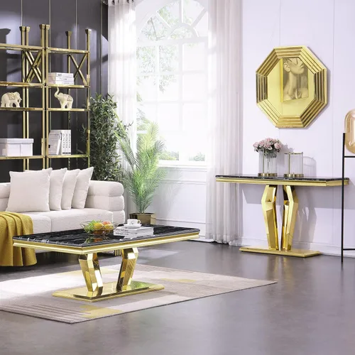 Miniatura 7 de ACEDCOR - Mesa consola moderna, mesa rectangular para sala de estar y entrada con base geométrica de espejo, negro dorado