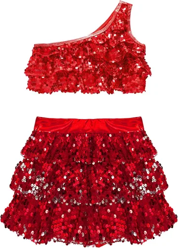 Miniatura 87 de JEATHA Top corto con borlas y lentejuelas brillantes para niñas, con minifalda, jazz latino, salsa, samba, rumba, baile