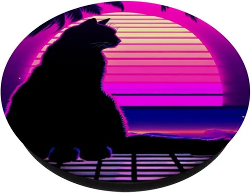 Miniatura 2 de Funny Retro Vaporwave Synthwave Cat PopSockets Adhesive PopGrip