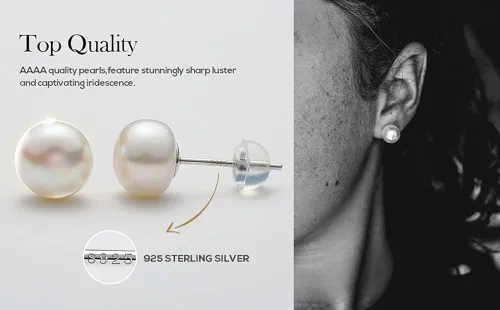 Miniatura 5 de SWEETV Pendientes de botón de perlas cultivadas de agua dulce para mujer con postes de plata de ley 925