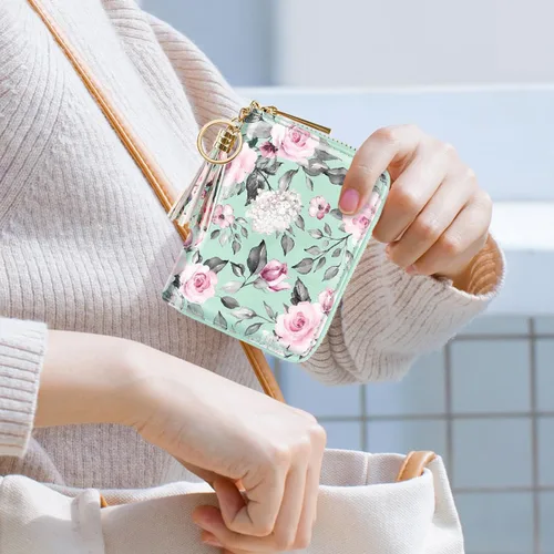 Miniatura 5 de Coco Rossi Billetera pequeña para tarjetas de crédito RFID con purpurina linda para mujer, C Flores verdes