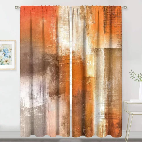 Miniatura 22 de MESHELLY Cortinas Rojas Abstractas 42Wx63H Pulgadas Bolsillo para Varilla Bloques Rústicos Borgoña Marrón Pintura al Óleo Casa de Campo Dormitorio