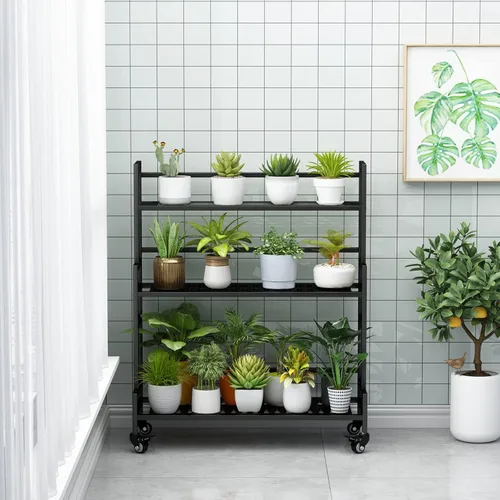 Miniatura 4 de Soporte para plantas de interior, estante de metal de 3 niveles para exterior, con ruedas para múltiples plantas, soporte escalonado para macetas