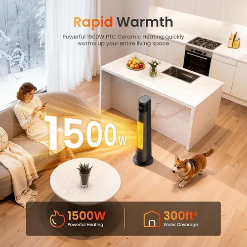 Miniatura 2 de FLANUR Calentadores inteligentes de cerámica PTC de 1500 W para uso en interiores, calentador portátil con control remoto y aplicación para Negro