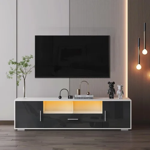 Miniatura 10 de Olela Soporte de TV con luces LED, consola de TV moderna para centro de entretenimiento, armario de TV minimalista de madera con cajón