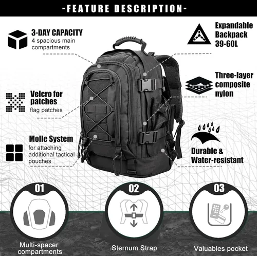 Miniatura 3 de Mochila táctica Miramrax para senderismo militar - Mochila Molle para hombres, paquete de asalto de 3 días, bolsa de evacuación para camping, viaje
