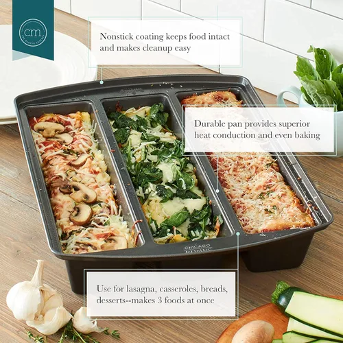 Miniatura 2 de Chicago Metallic Bandeja Profesional para Lasaña Trio, Perfecta para panes de molde, pasteles y más, 12.5 por 16 por 3 pulgadas, Plateado