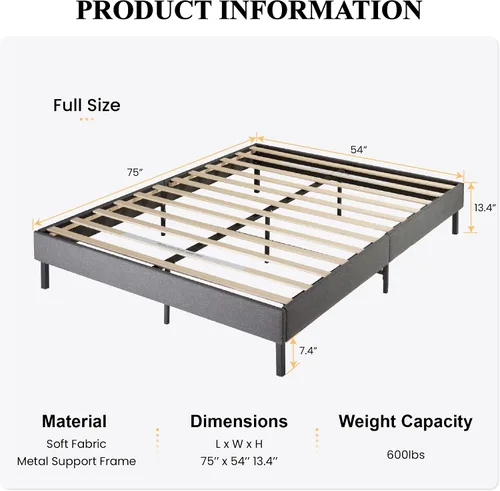 Miniatura 2 de SHA CERLIN Marco de cama tamaño matrimonial, marco de cama tapizado, no necesita somier, plataforma de perfil bajo con listones de madera, fácil