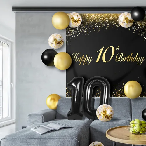 Miniatura 5 de Globos de Feliz 10 Cumpleaños Negros Set Decor - Saludos a la Fiesta de 10 Años de Edad, Guirnalda, Bandera, Telón de Fondo, Decoraciones