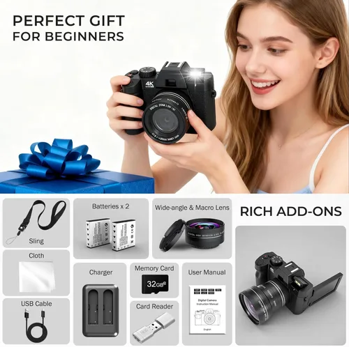 Miniatura 7 de Cámara digital 4K para fotografía con WiFi, cámara de videoblogs con enfoque automático para YouTube con pantalla giratoria, viene con 2
