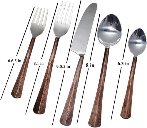 Miniatura 5 de Bold & Divine Ridge Copper - Juego de cubiertos de acero inoxidable de 5 piezas, incluye cuchillo, tenedor/cuchara, cubiertos de acero inoxidable