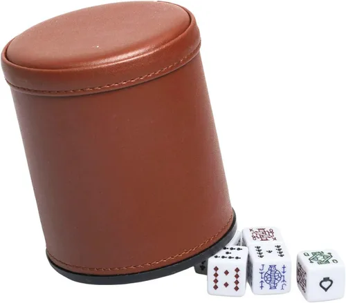 Miniatura 3 de Taza de dados de cuero sintético con dados de póquer, con forro de fieltro, agitador silencioso para jugar dados Yahtzee/Farkle/Liars, Marrón